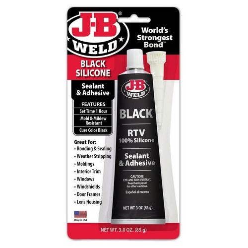 Black RTV Silicone sealant by JB Weld in a tube, ideal for waterproof bonding, mold resistant, quick set for versatile repairs.