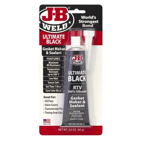 Ultimate Black RTV Silicone 85g by JB Weld, a high-performance sealant for mechanical assemblies with oil resistance and 260°C durability.