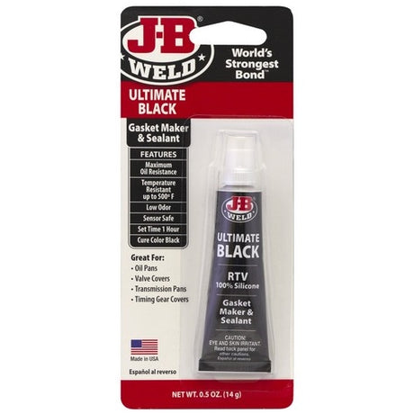 Ultimate Black RTV Silicone 14g by JB Weld, a durable sealant for automotive and mechanical use, resistant to oil and high temperatures.