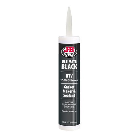 Black silicone sealant cartridge by JB Weld, resistant to oil and petrol, with 260°C heat tolerance and 1-hour set time.