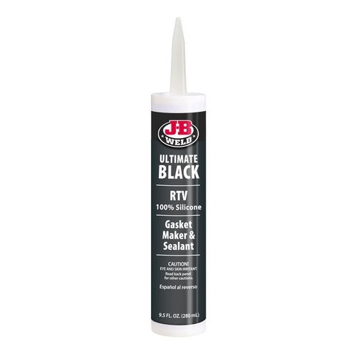 Black silicone sealant cartridge by JB Weld, resistant to oil and petrol, with 260°C heat tolerance and 1-hour set time.