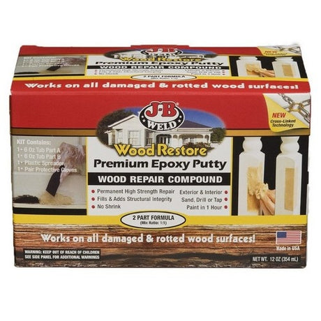 Hand-mixable epoxy putty for wood restoration, providing structural strength and versatile repair for interior and exterior projects.