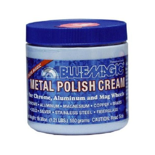 Blue Magic Metal Polish Cream tub, 500g, for cleaning and protecting brass, copper, silver, and aluminum surfaces.