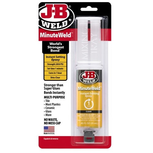 Minuteweld Epoxy Syringe by JB Weld: fast-setting, strong adhesive for various surfaces with clear finish and easy application.