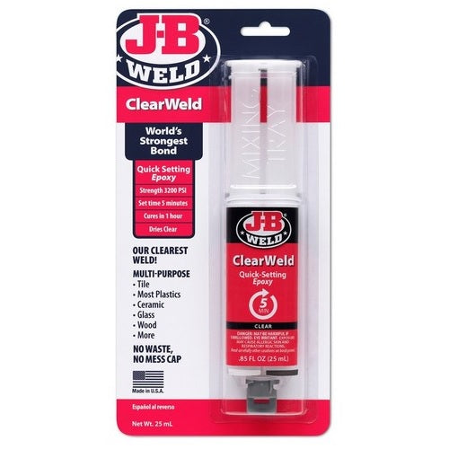 Clearweld Clear Epoxy Syringe: quick-setting, strong bond for various materials with precise applicator and clear finish.