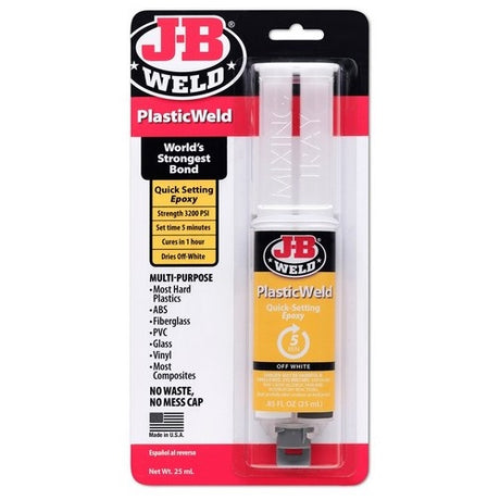 Plasticweld Epoxy Syringe by JB Weld, a two-part adhesive for strong, lasting repairs on metal, wood, ceramic, and plastic.