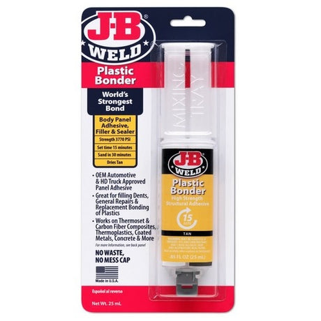 Plasticbonder Adhesive Syringe by JB Weld: fast-setting, strong 2-part adhesive for versatile repairs on various surfaces.