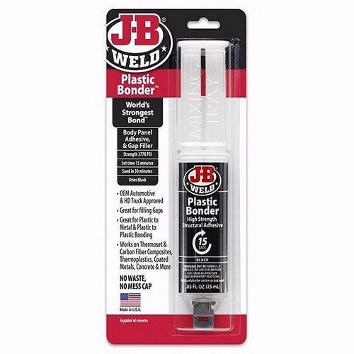 Plasticbonder Adhesive Syringe Blk 25ml by JB WELD, ideal for strong, quick repairs on plastics and metals with precise application.