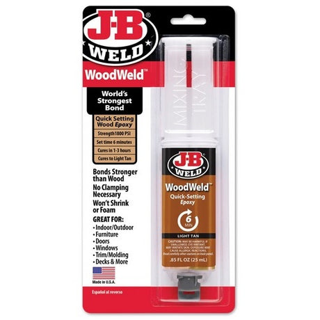 Woodwell Wood Epoxy Syringe by JB Weld, a two-part adhesive for durable wood repairs with precision application, light tan cure.