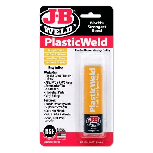 Plasticweld Epoxy Putty Stick by JB Weld, ideal for durable plastic repairs, sets quickly and can be customized post-curing.