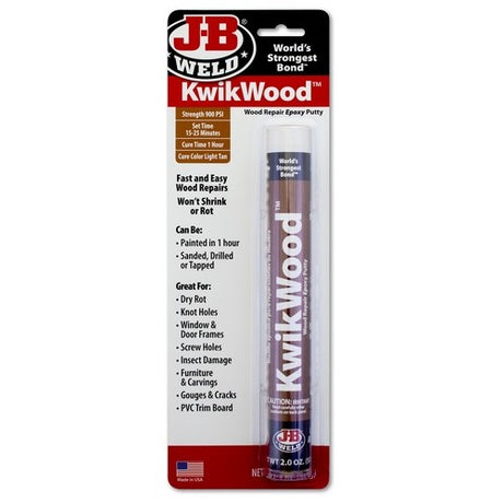 Kwikwood Epoxy Putty 57g by JB Weld, perfect for quick wood repairs with strong adhesion and a light tan finish.