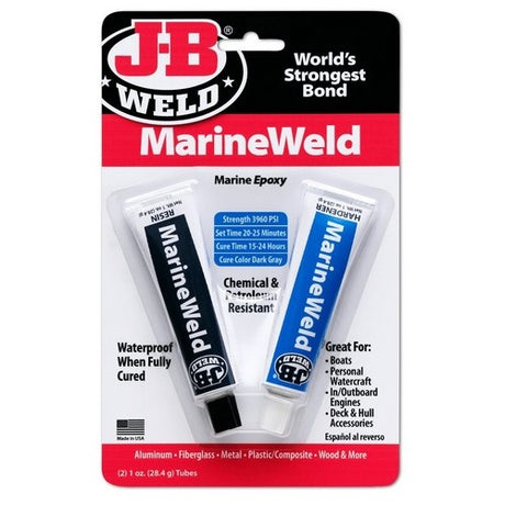 Marine Weld Epoxy Twin Tube by JB Weld, designed for boat repairs, waterproof with 3960 psi strength, sets in 20-25 mins.