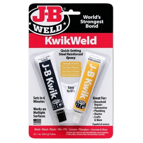 Kwikweld Reinforced Epoxy Twin Tube by JB Weld, quick-setting, steel reinforced, ideal for durable repairs on various materials.