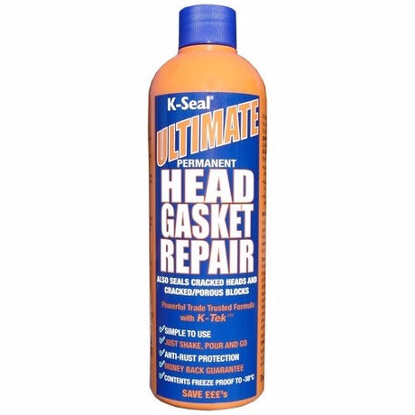 K-Seal Ultimate Head Gasket Repair 472ml bottle for sealing coolant leaks in engines, easy-to-use for quick repairs.