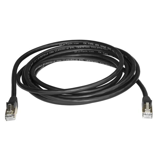 Black 3m Cat6a Ethernet cable with shielded design, 10Gbps support, EMI protection, and snagless connectors for reliable connections.