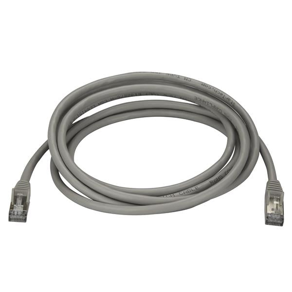 Gray 3m Cat6a shielded Ethernet cable, ensuring 10Gb connections with EMI protection and snagless RJ45 clips.