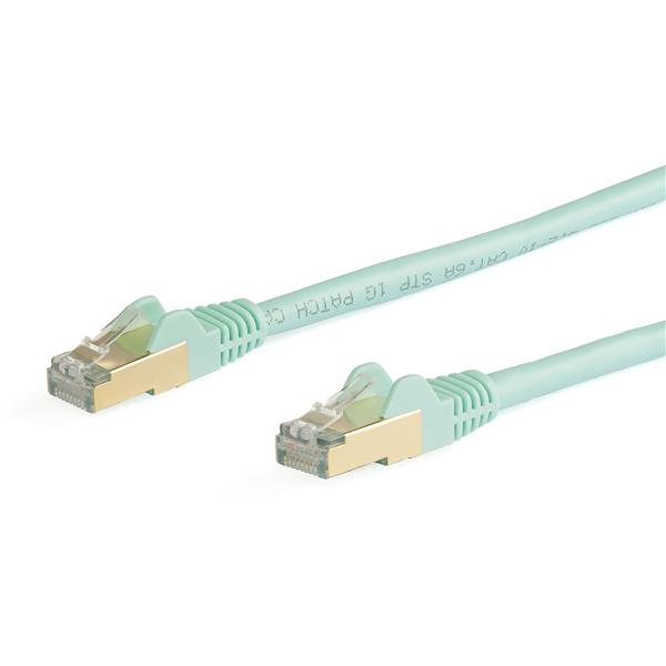 5m Aqua CAT6a Ethernet Cable with RJ45 connectors, shielded for 10Gbps performance and minimal interference.