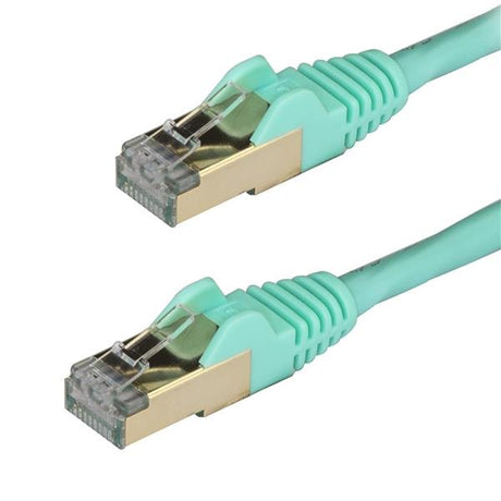 Aqua Cat6a Ethernet cable, 3 m, shielded for 10Gb connections, featuring gold connectors and snagless RJ45 clips.