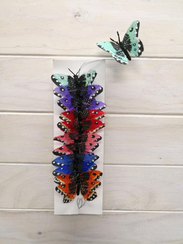 Colorful 7cm artificial craft feather butterfly with bendable wire, perfect for decorations, crafts, and home decor. Sold in boxes of 12.