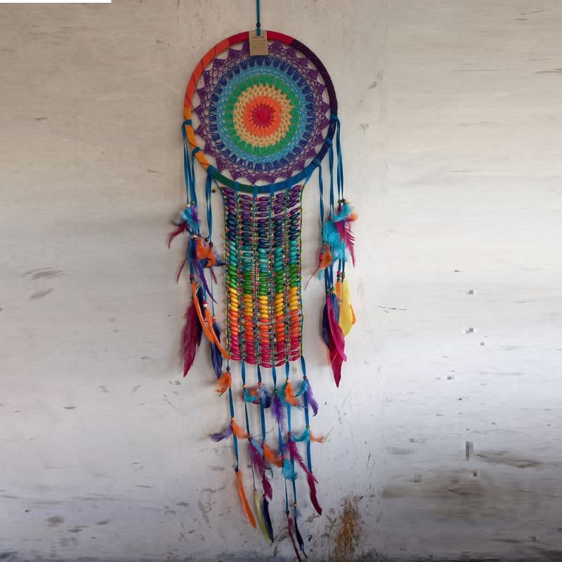 Colorful 40cm boho dreamcatcher with intricate woven patterns, promoting tranquility and unique home decor style.