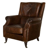 Luxurious vintage cigar armchair with full grain leather, solid birch frame, multi-layer cushioning, and brass nail detailing.