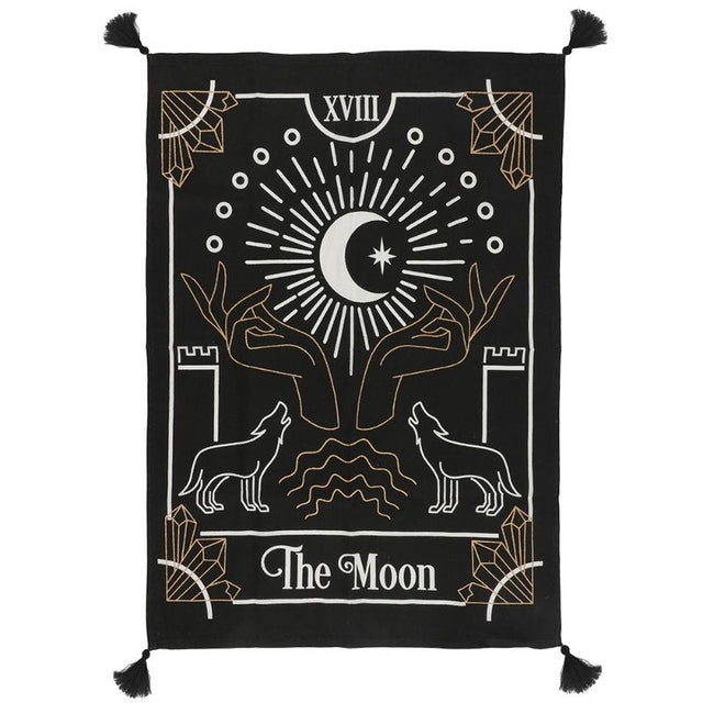 Large Moon Tarot Card Wall Tapestry featuring intricate designs, gold accents, and corner tassels; versatile for decor or gifts.