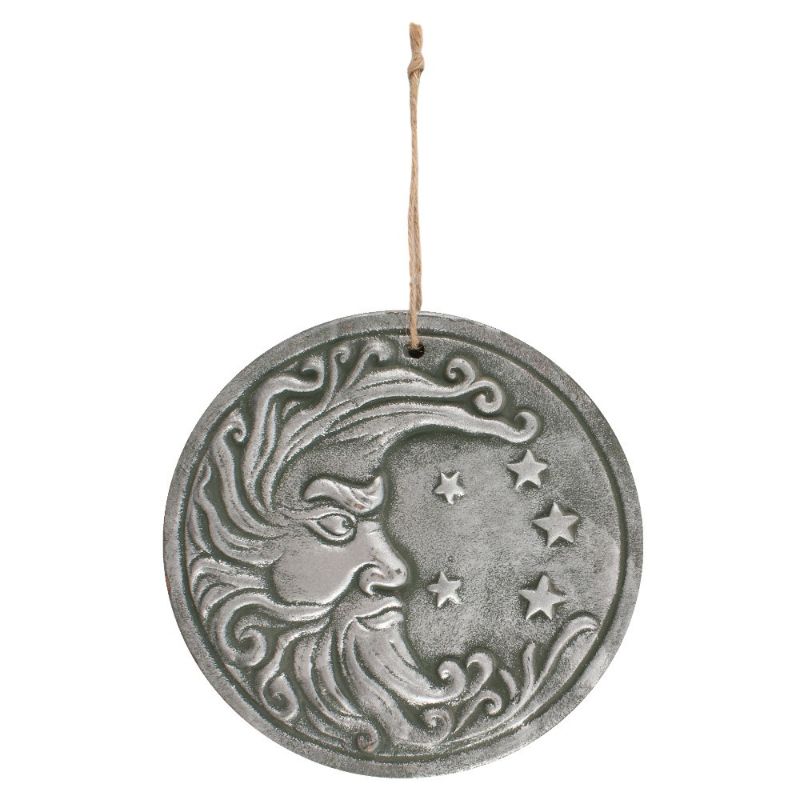 Circular silver-effect moon plaque with stars, measuring 20 cm, perfect for elegant wall decor and easy hanging.