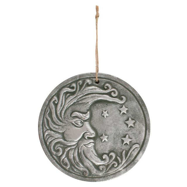 Circular silver-effect moon plaque with stars, measuring 20 cm, perfect for elegant wall decor and easy hanging.