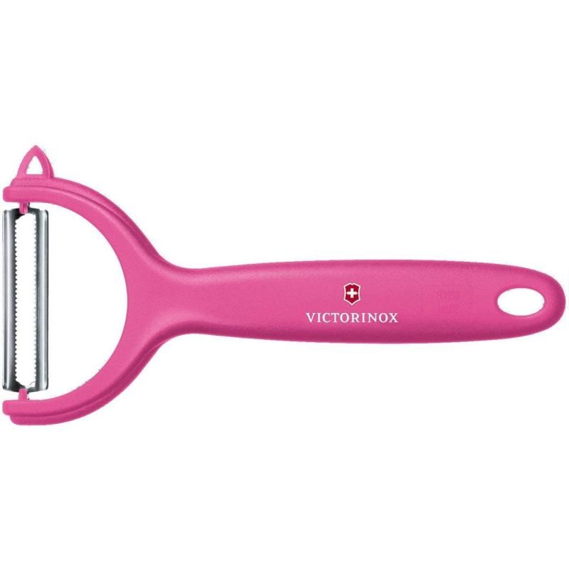 Pink Victorinox Tomato & Kiwi Peeler with micro serrated double edge and ergonomic handle for easy, precise peeling.