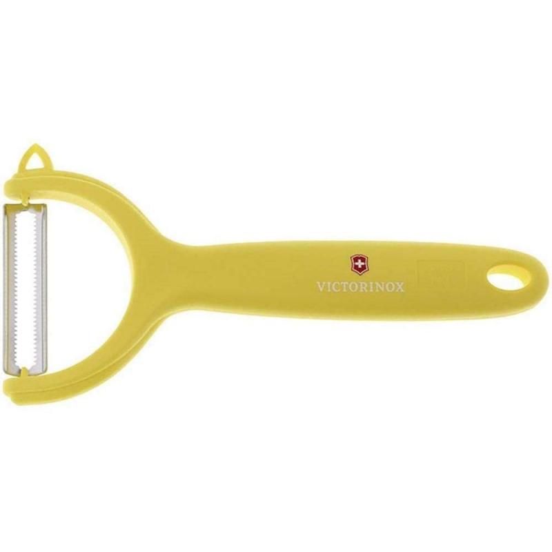 Yellow Victorinox Tomato & Kiwi Peeler with micro serrated edges and ergonomic handle, ideal for easy peeling of fruits.