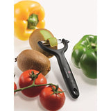 Victorinox tomato and kiwi peeler with micro-serrated edge and ergonomic handle in sleek black for effortless peeling.