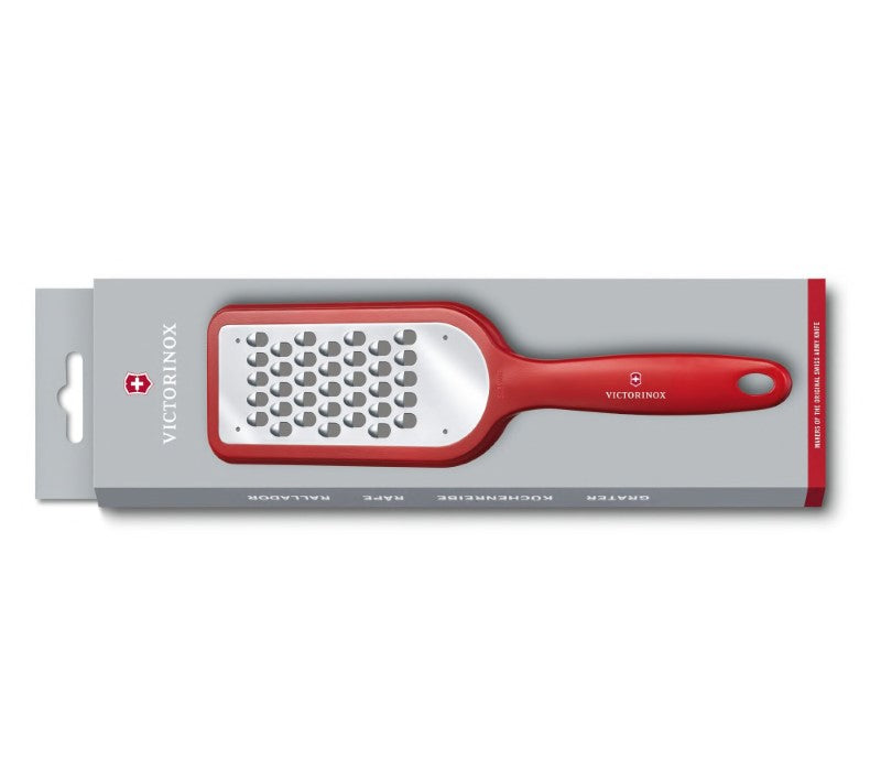 Victorinox Coarse Grained Grater in red, featuring precision blades and slip-resistant feet for safe, efficient grating.