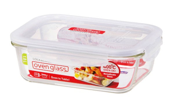 Heat-resistant 1L rectangular borosilicate glass container with locking lid, perfect for meal prep and storage.