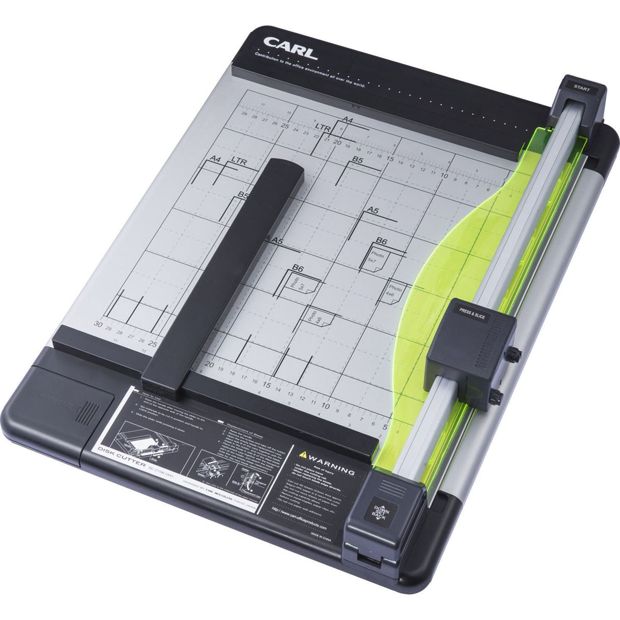 Carl Trimmer A4 DC210N rotary trimmer with safety blades, cuts 32 sheets, features vibrant cutting guide, and built-in storage.