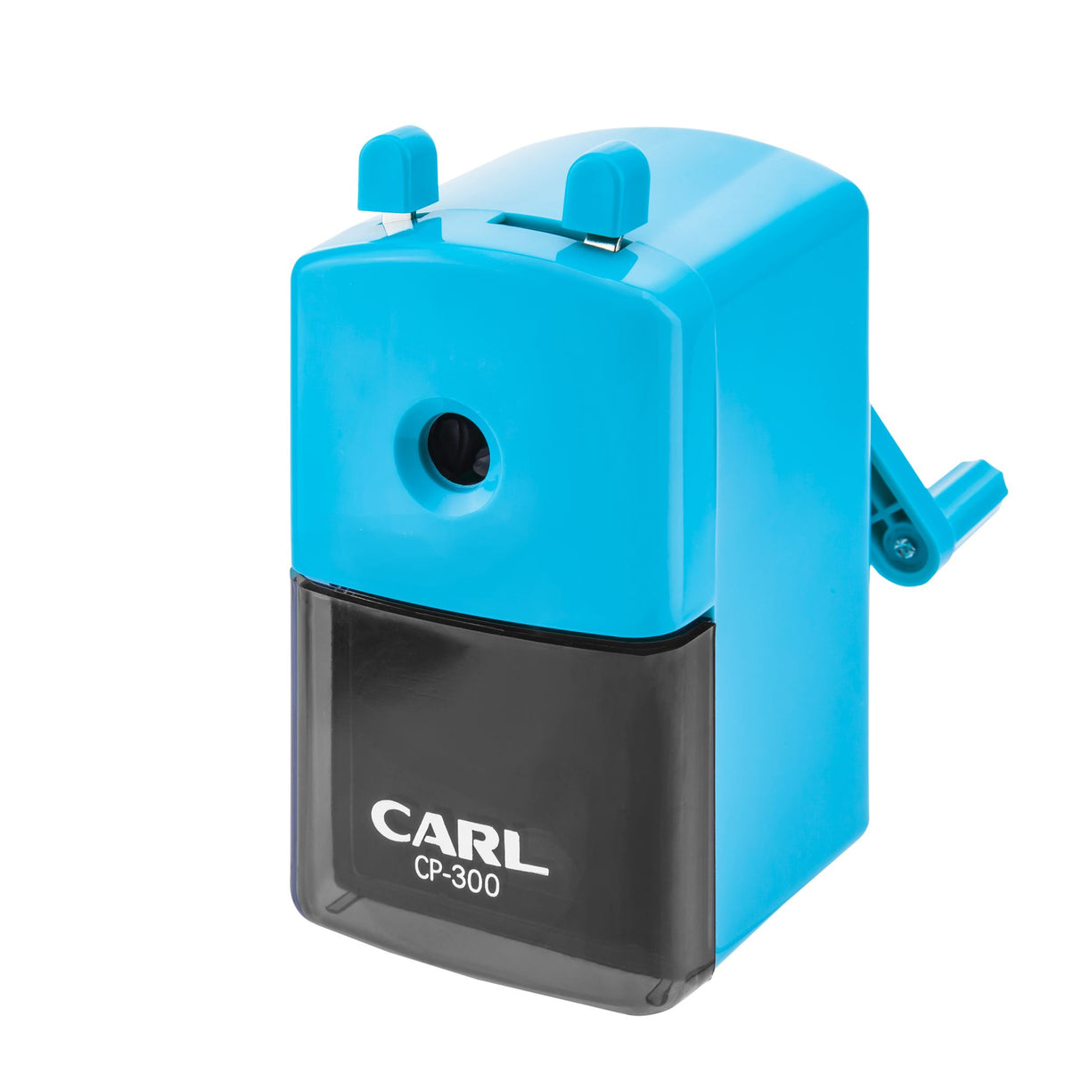 Vibrant blue CARL CP300 pencil sharpener with metal body, sharpens all pencil types for artists and everyday users.