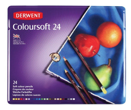 Assorted tin of 24 Derwent Coloursoft Pencils featuring soft texture, rich colors, and ideal for blending and artistic expression.