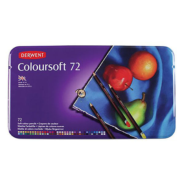 Derwent Coloursoft 72 Tin set featuring vibrant, soft colored pencils ideal for blending, sketching, and illustrations.