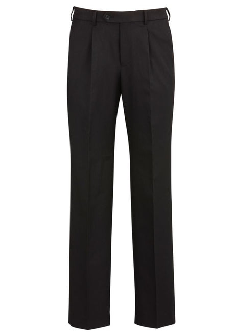 Men's black one pleat pants from Biz Collection, crafted for comfort with bamboo charcoal blend, featuring elastic waistband and pockets.