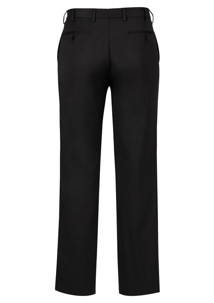 Men's black one pleat pants with stretch waistband, internal pocket, and sleek silhouette for professional attire.