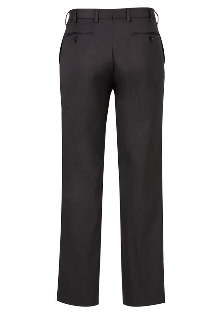 Men's charcoal pleat pants with stretch waistband, anti-odor fabric, and secure pockets, perfect for professional wear.