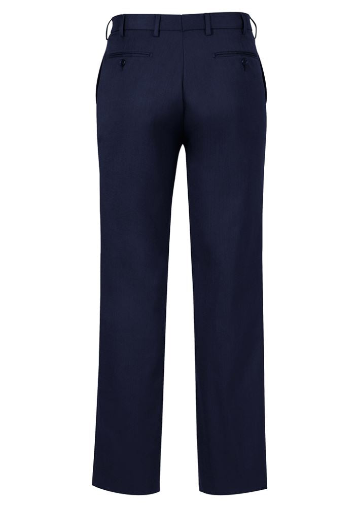 Men's navy one pleat pants from Biz Collection, featuring a stretch waistband, internal pocket, and designed for comfort and style.