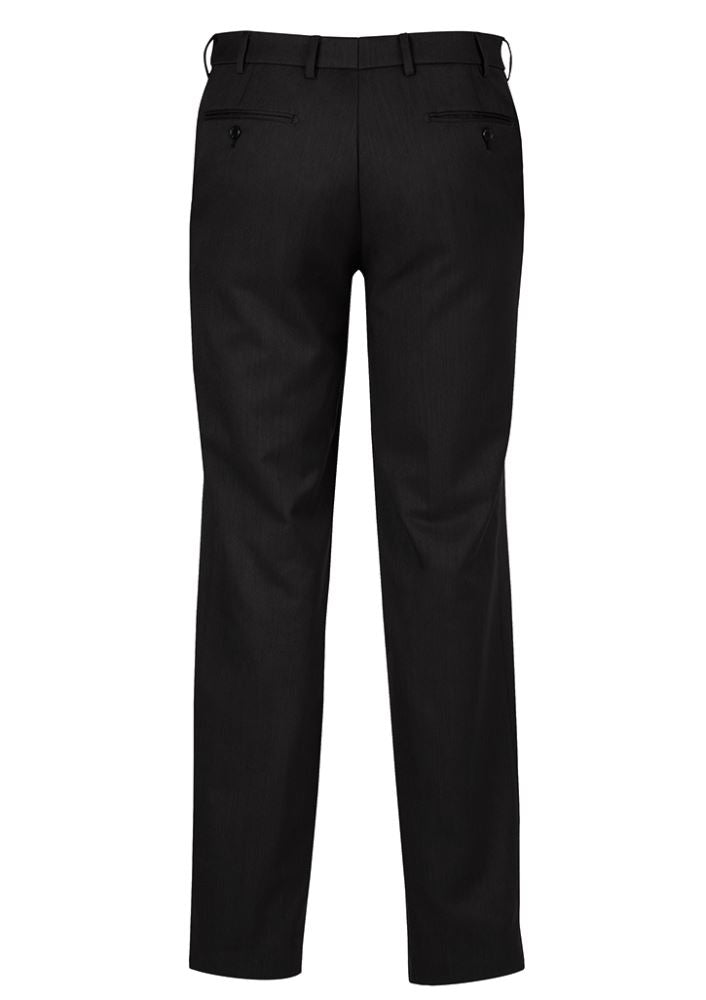 Men's black flat front pants featuring a stretchy waistband, internal pocket, and sleek design for comfort and versatility.