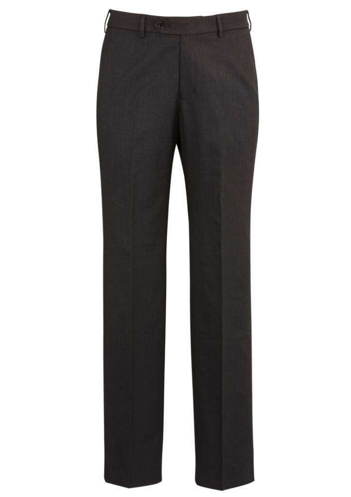Men's charcoal flat front pants featuring a sleek design, stretch waistband, and internal pocket, perfect for professional and casual wear.