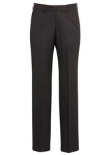 Men's charcoal flat front pants featuring a sleek design, stretch waistband, and internal pocket, perfect for professional and casual wear.