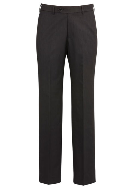 Men's charcoal flat front pants featuring a sleek design, stretch waistband, and internal pocket, perfect for professional and casual wear.