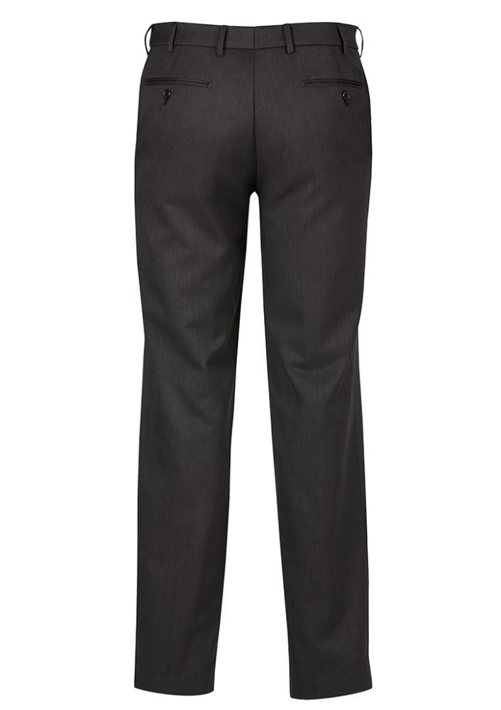 Men's charcoal flat front pants featuring a sleek design, breathable fabric, and practical pockets for style and comfort.