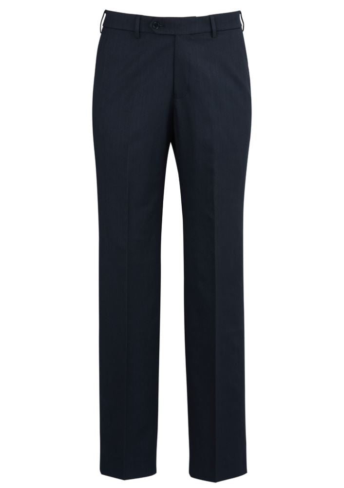 Men's navy flat front pants with a tailored fit, stretch waistband, and secure pockets for comfort and style.