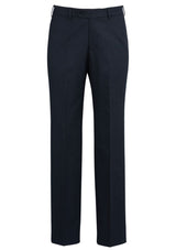 Men's navy flat front pants with a tailored fit, stretch waistband, and secure pockets for comfort and style.