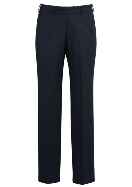 Men's navy flat front pants with a tailored fit, stretch waistband, and secure pockets for comfort and style.