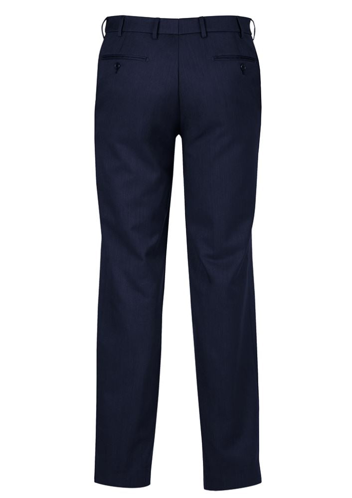 Men's navy flat front pants with a sleek design, stretch waistband, and internal pocket for a comfortable, professional look.